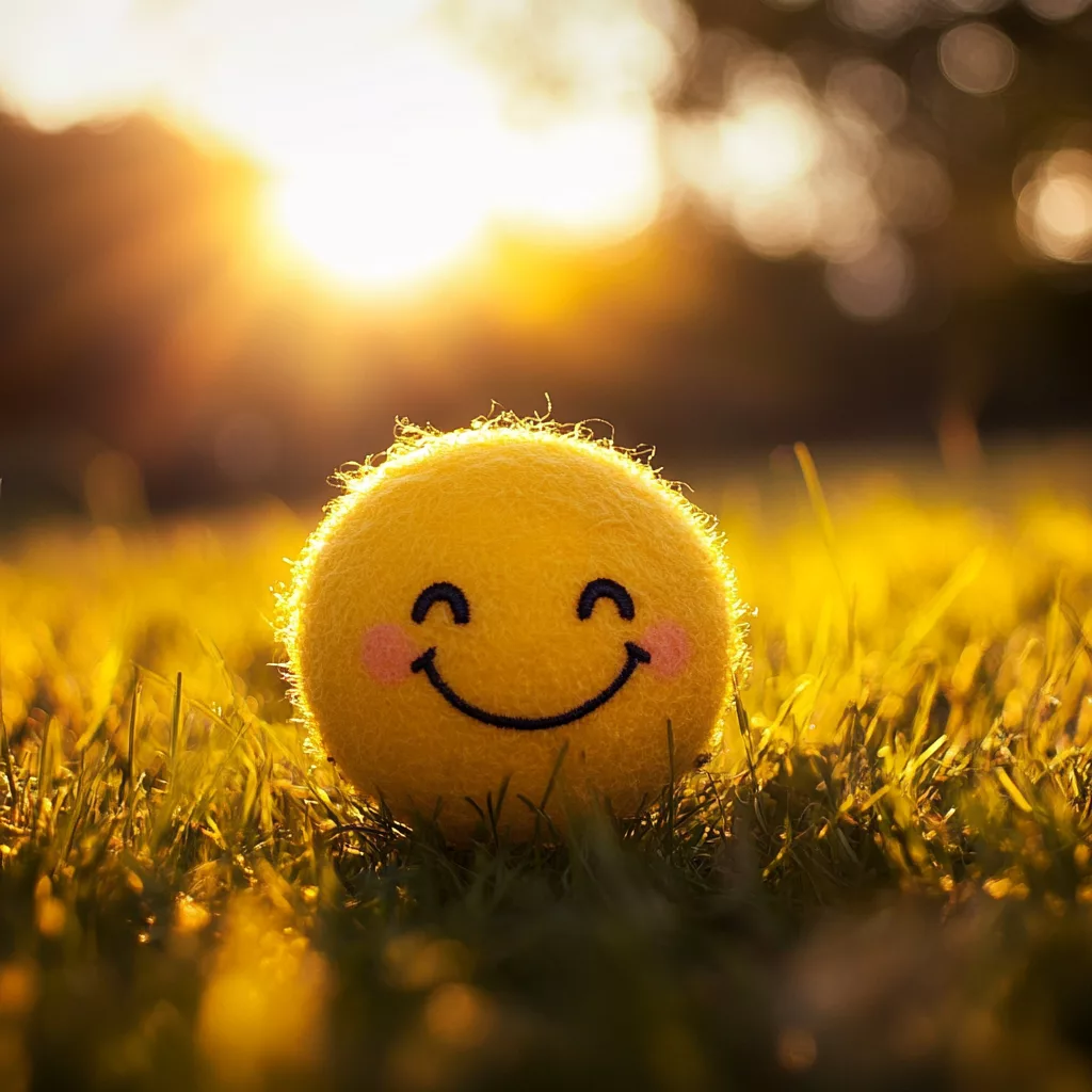 Lächelnder Plüsch-Smiley im Gras bei tiefstehender Sonne — Symbolbild für das Wiedersehen nach langer Blogpause (KI-generiertes Bild)