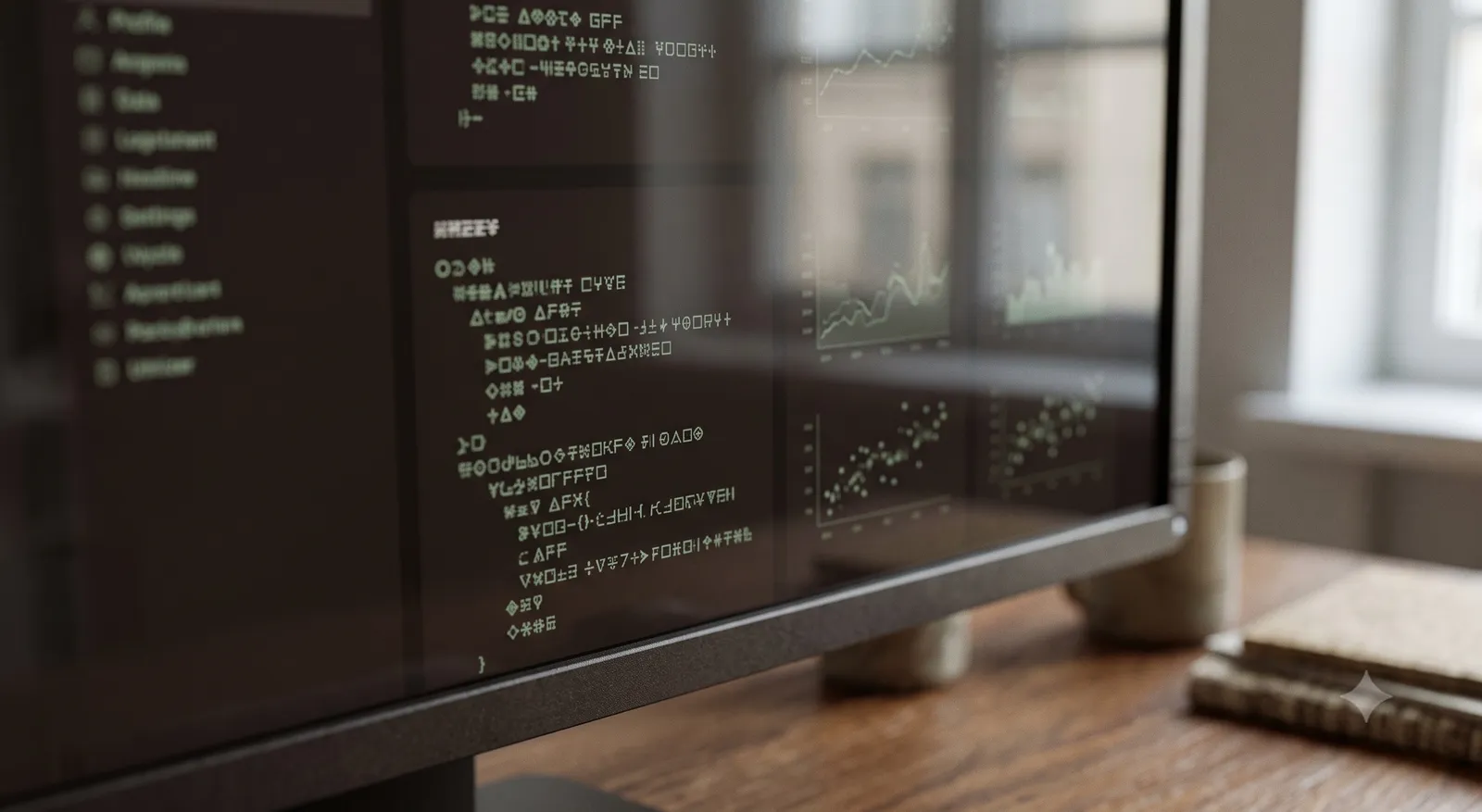 Nahaufnahme eines Monitors mit einem abstrakten Dashboard, auf einem Holztisch. (KI-generiertes Bild)
