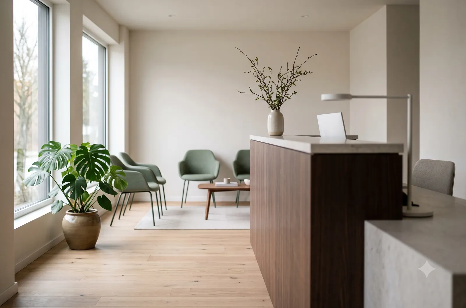 A calm, tidy medical practice reception in morning light, without people. (AI-generated image)