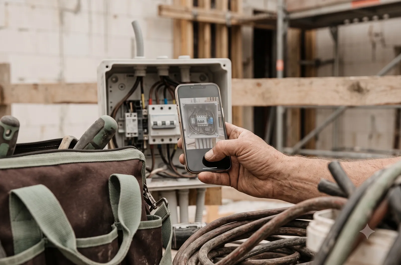 Eine Hand fotografiert mit dem Smartphone einen Zählerschrank auf einer Baustelle, daneben Werkzeugtasche und Kabel. (KI-generiertes Bild)