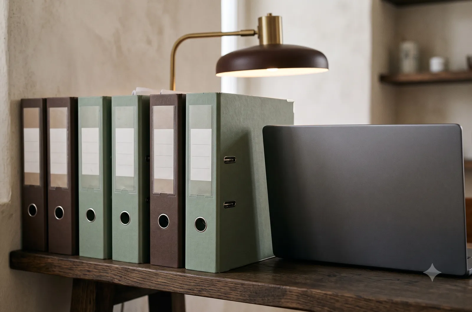 A row of file binders on a dark wooden shelf next to a desk lamp and laptop. (AI-generated image)