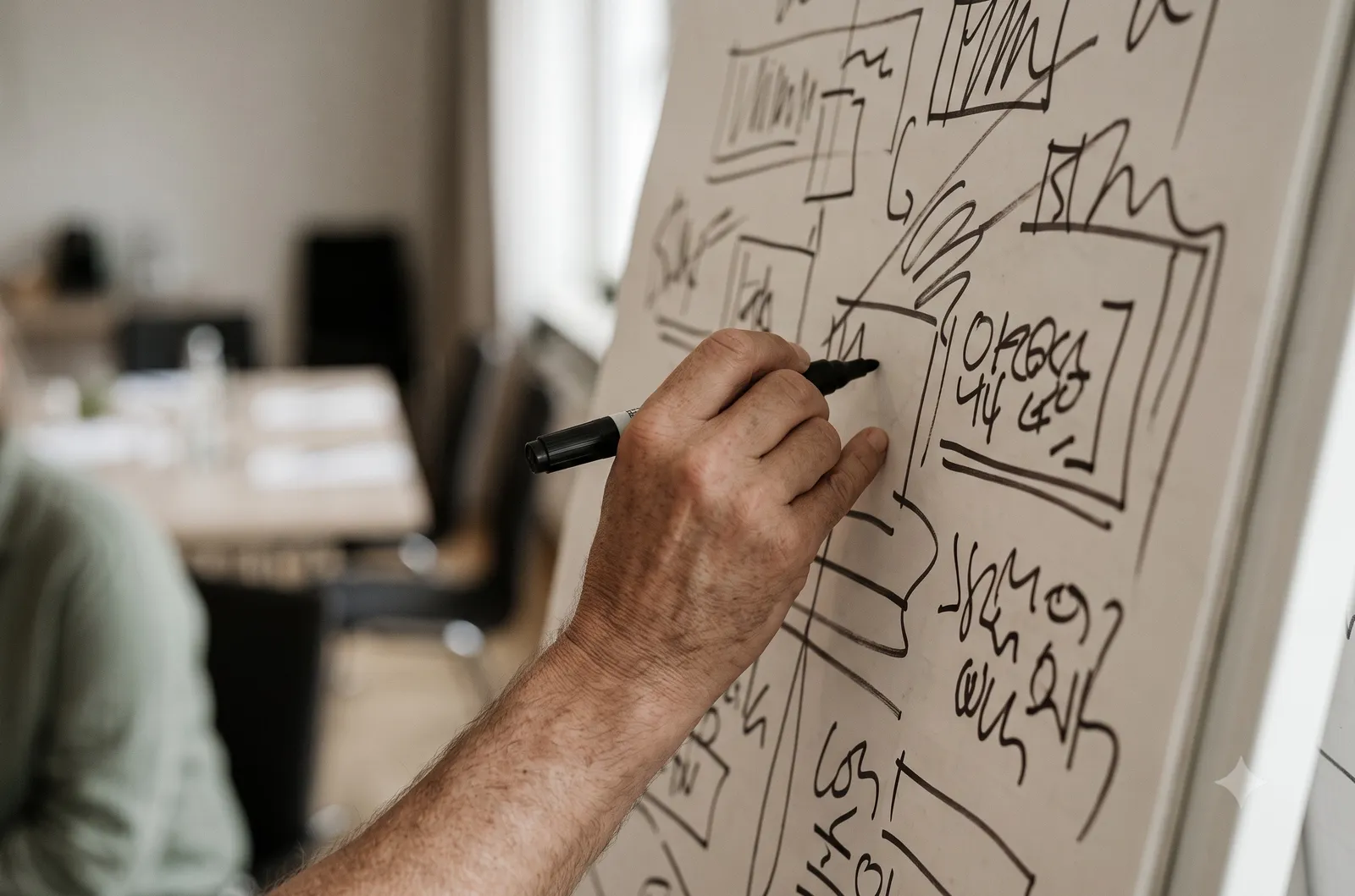 Eine Hand skizziert mit einem Marker ein Diagramm auf einem Flipchart.