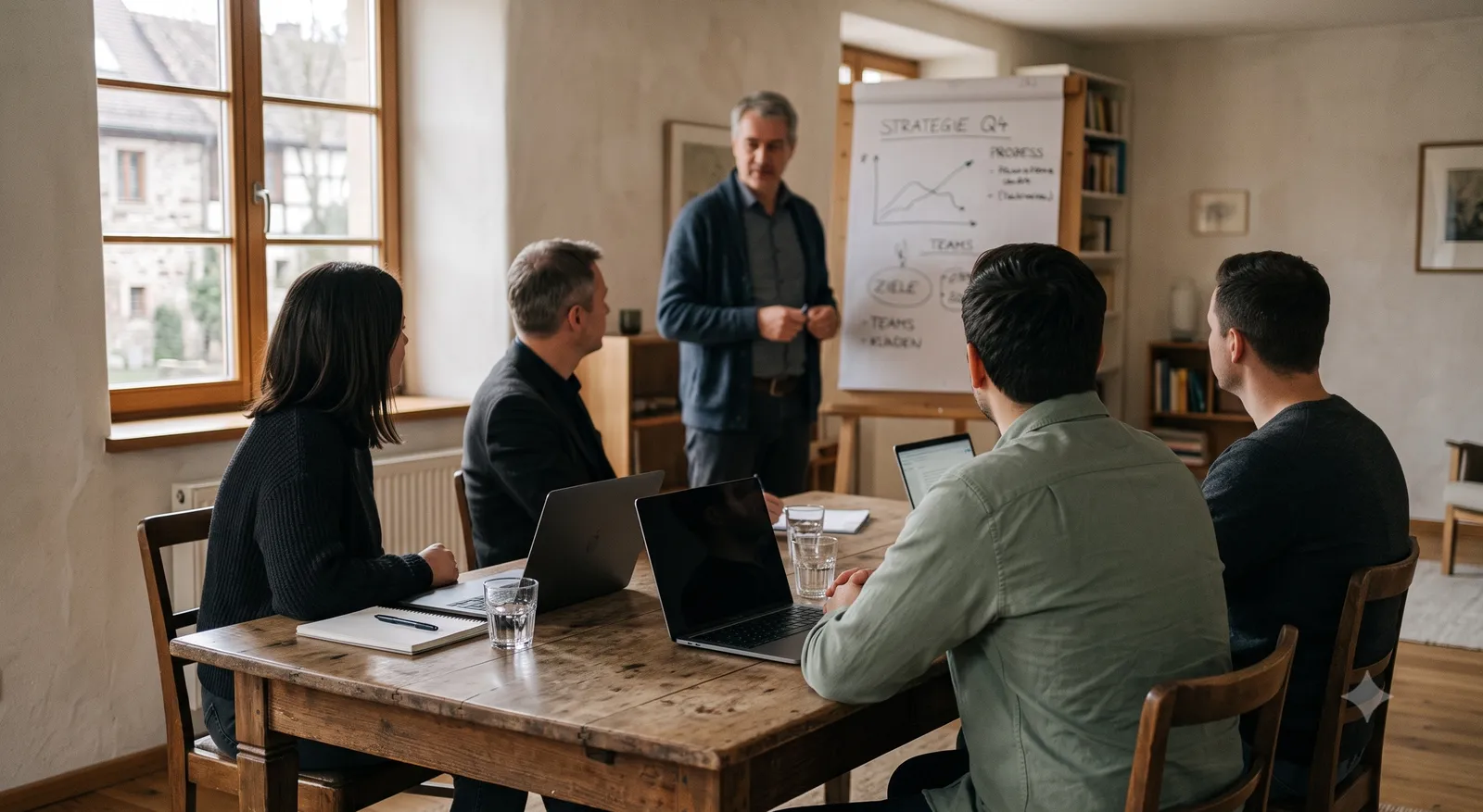 Kleine Gruppe an einem Tisch mit Laptops in einem hellen Besprechungsraum, eine Person erklärt am Flipchart — illustrative Darstellung eines Inhouse-Workshops. (KI-generiertes Bild)
